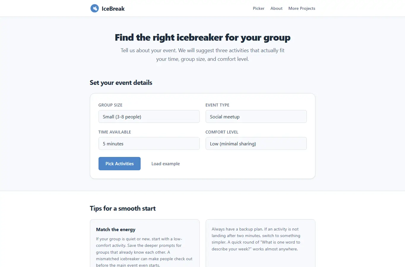 Screenshot of IceBreak: Meetup Activity Picker interface showing the project page in use